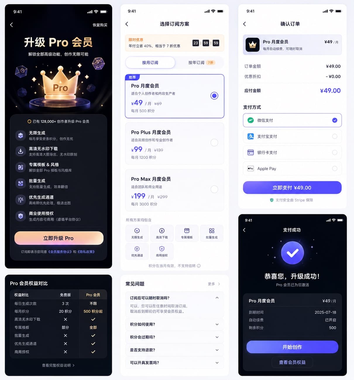 Picva Pro 会员页面、订阅方案和订单确认页面设计预览